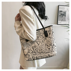 Printed canvas graffiti tote bag with doll