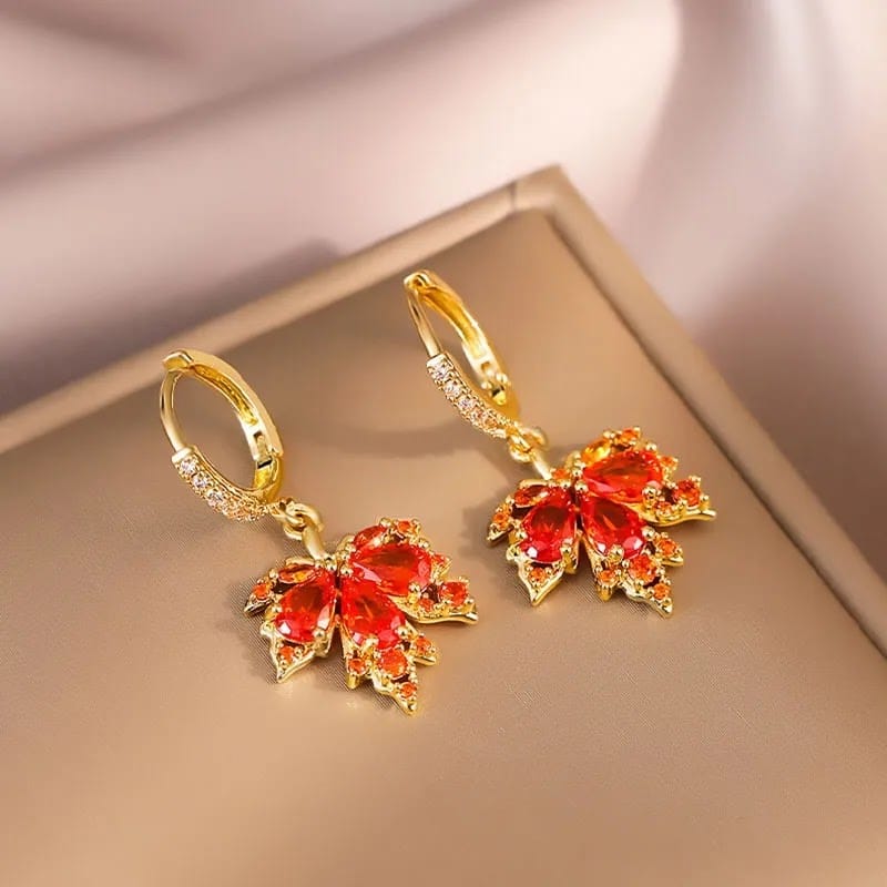 Cute Small Red Stone Earrings Luxury Crystal Maple Hoop Earrings