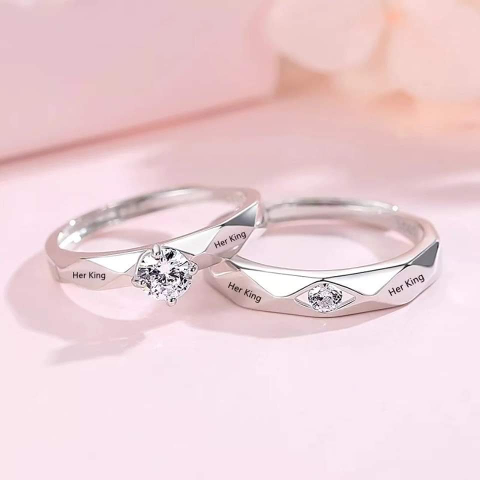 2pcs/set Lovers Couple Open Ring Set Lettering His Queen Her King