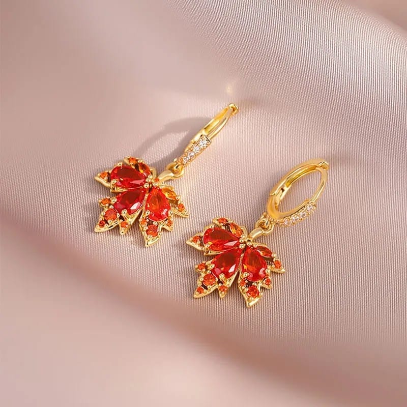 Cute Small Red Stone Earrings Luxury Crystal Maple Hoop Earrings