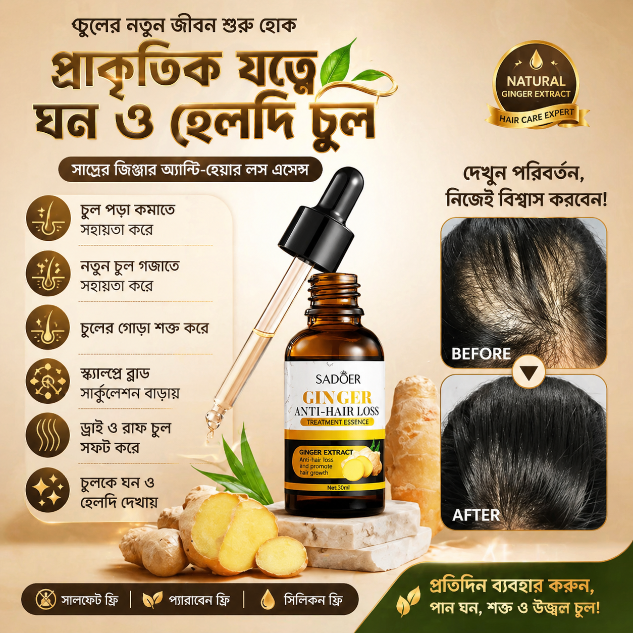 SADOER Ginger Anti Hair Loss Treatment Essence , Hair Growth Restoration Anti Hair Loss Serum