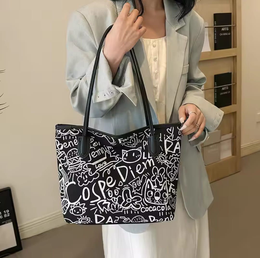 Printed canvas graffiti tote bag with doll