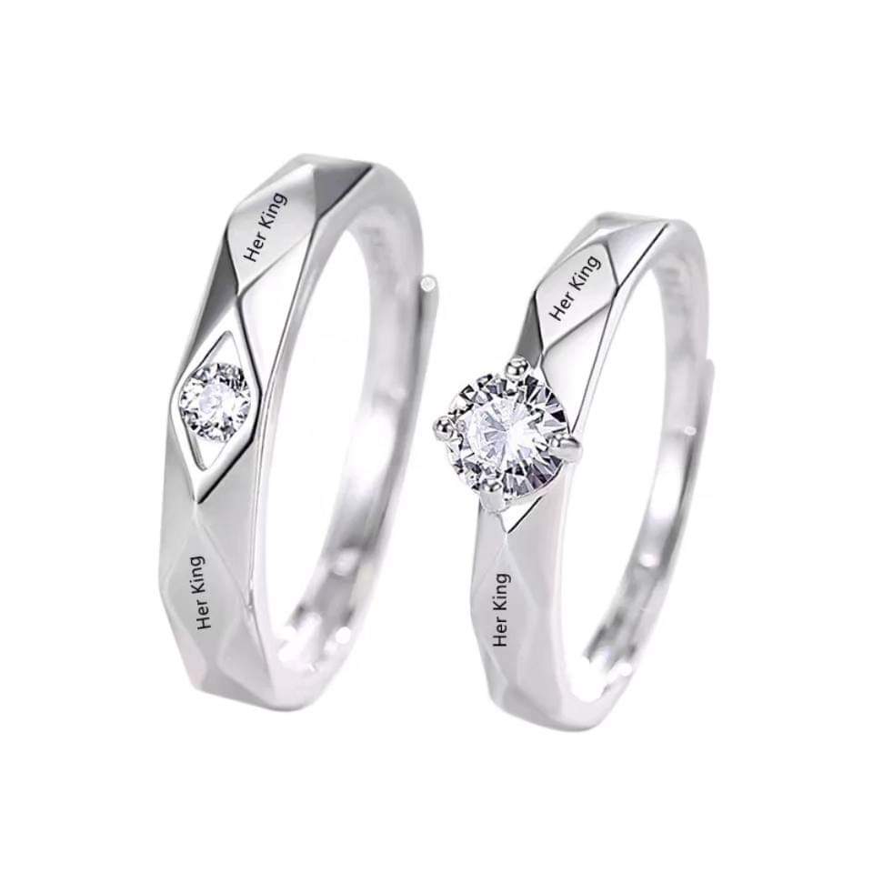 2pcs/set Lovers Couple Open Ring Set Lettering His Queen Her King