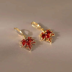 Cute Small Red Stone Earrings Luxury Crystal Maple Hoop Earrings