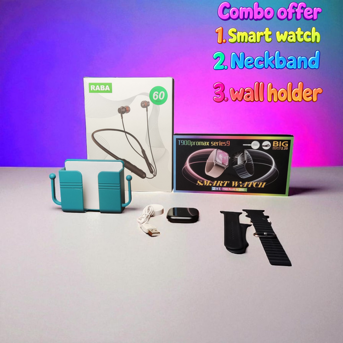 Lifestyle Gadget Set (Smart Watch + Neckband + Wall Holder)